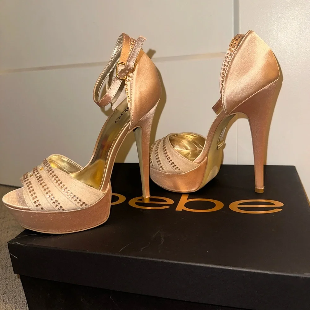 bebe Blush Pink Platform Peep-Toe Ankle Strap Heels